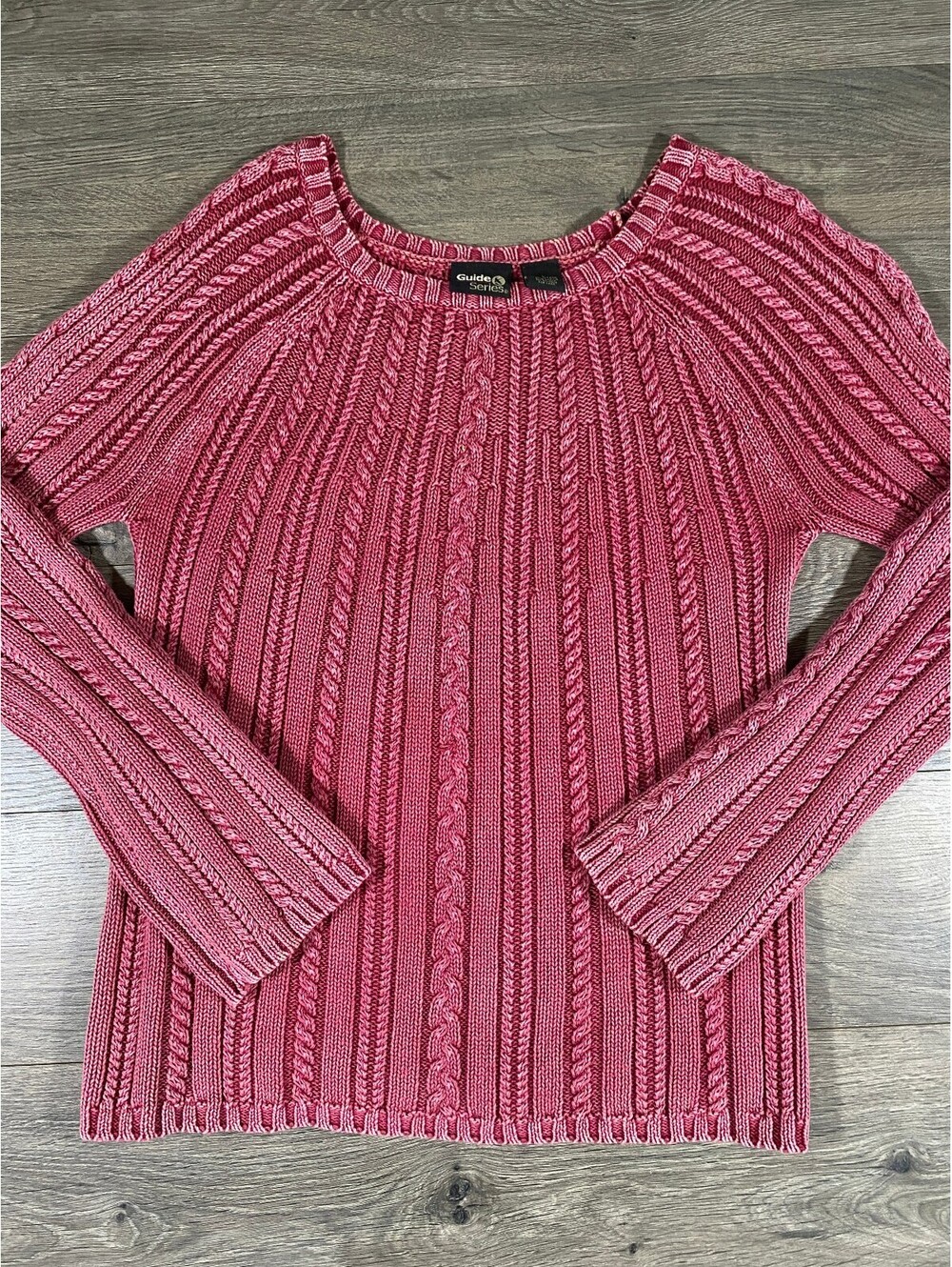 Guide Series Cable Knit Sweater Womens L Pink 100% Cotton Chunky Pullover